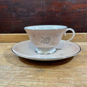 Flintridge China Cup and Saucer Daybreak Tan Grey White Platinum Edge Vintage CA